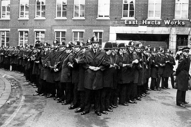 Our picture shows police lines outside Hadfields Limited, East Hecla Works, during the steel strike in 1980
