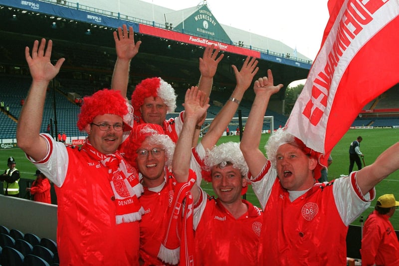Danish fans waving goodbye to Sheffield and Euro 96 after their country's last game at Hillsborough, in which they failed to qualify for the quarter finals