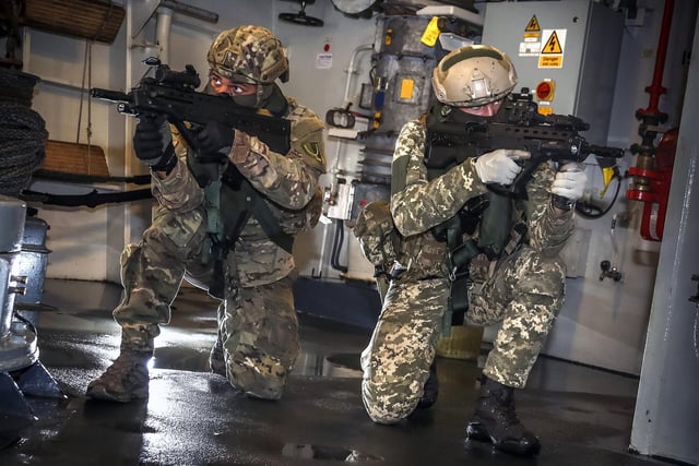 Ukrainian military personnel were hosted on board HMS Dragon while alongside in Odessa. A variety of training stances allowed both countries to engage and share valuable techniques and standard operating procedures over an array of subjects with one another.