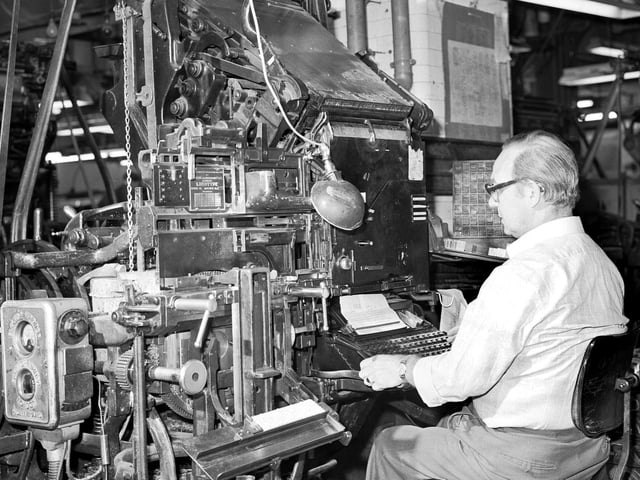 A TSPL compositor using a linotype machine for typesetting The Scotsman newspaper at the North Bridge site, in Edinburgh, July 1980.