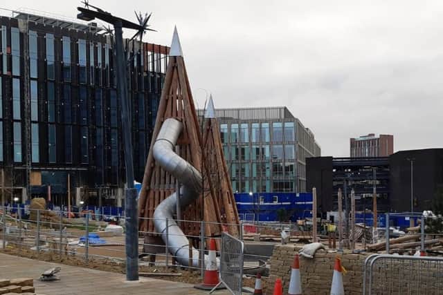 This is how work on the new park in Sheffield town cente is progressing. The picture shows the large slide in place on the Pounds Park site, Wellington Street.