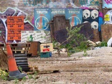 Filming in Sheffield for new HBO miniseries The Regime, starring Kate Winslet and Hugh Grant. Posters are seen here plastered on a wall during filming around an old steel cementation furnace in Shalesmoor. Photos by @steelcitysnaps via Twitter