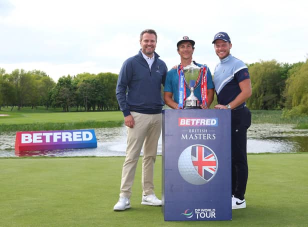 Thorbjorn Olesen (centre) of Denmark poses after winning the Betfred British Masters hosted by Danny Willett (right) at The Belfry on May 08, 2022 in Sutton Coldfield, England. (Photo by Andrew Redington/Getty Images).