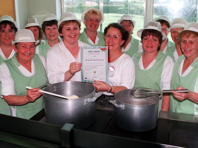 Meals staff at Hayfield School have met the criteria for the Doncaster Food and Health Challenge 1997. Pictured are the hard working staff with Christine Goodenough, catring manager(centre left)accepting the certificate from Norma Lauder, director of nutrition and Dietetics.