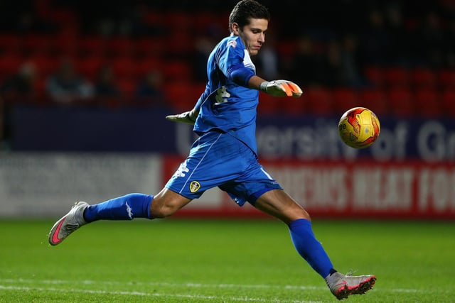 Leeds United goalkeeper Marco Silvestri kicks the ball upfield during the Sky Bet Championship against Charlton Athletic atThe Valley on December.