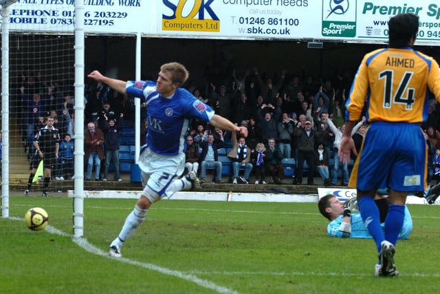Jamie Ward celebrates giving Chesterfield a 2-0 lead against the Stags in the FA Cup in November 2008. The Spireites went on to win 3-1.