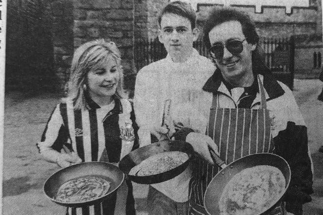 Steve Yeadon, Andrina Carr and Alex Norris at the Shrovetide football pancake race in 1993.