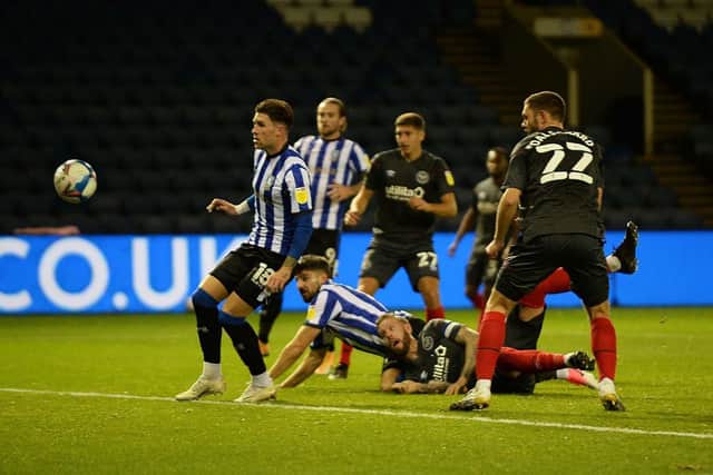 Callum Paterson scores for Sheffield Wednesday in their 2-1 defeat to Brentford, the side they play tomorrow, at Hillsborough earlier this season. Photo: Steve Ellis.