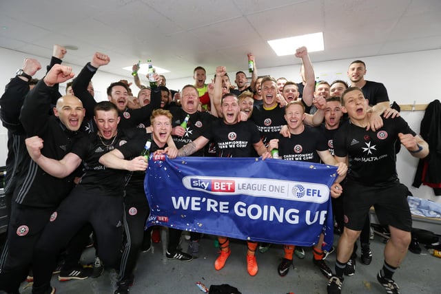Sheffield United celebrate promotion during the League One match at the Sixfields Stadium, Northampton. Pic David Klein/Sportimage