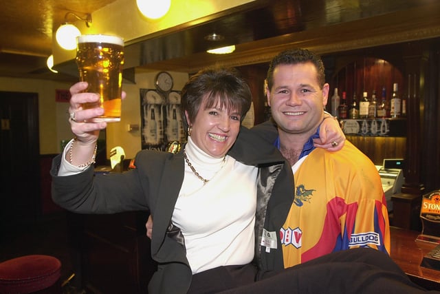 Doncaster Dragons' Carl Hall is pictured with Karen Garrity in the Wellington Vaults, the pub they've just taken  over in Bowers Fold, Doncaster in 2001