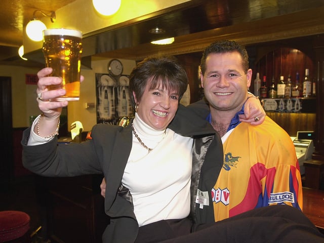 Doncaster Dragons' Carl Hall is pictured with Karen Garrity in the Wellington Vaults, the pub they've just taken over in Bowers Fold, Doncaster in 2001