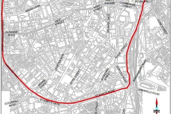Map of Sheffield Council's proposed pavement parking ban in the city centre.
