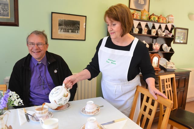 The Bishop of Durham Paul Butler enjoys a cup of tea served by Horden Heritage Centre's Maureen McGregor two years ago.