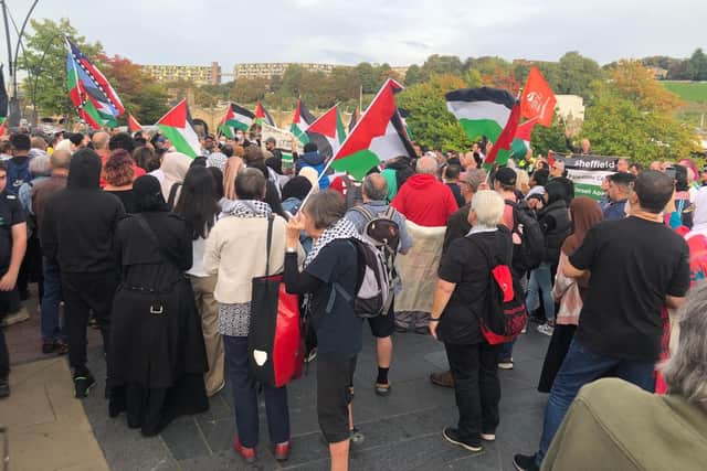 Pro-Palestine protesters outside Sheffield rail station on a demonstration called in solidarity with the people of Gaza. Picture: Claire Chandler