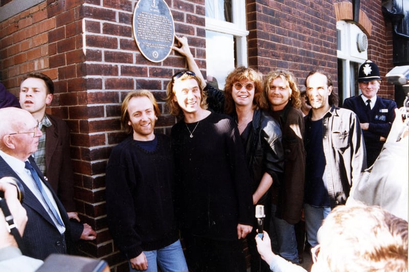 Def Leppard unveiling their commemorative plaque at Crookes Working Men's Club in Mulehouse Road in October 1995.
