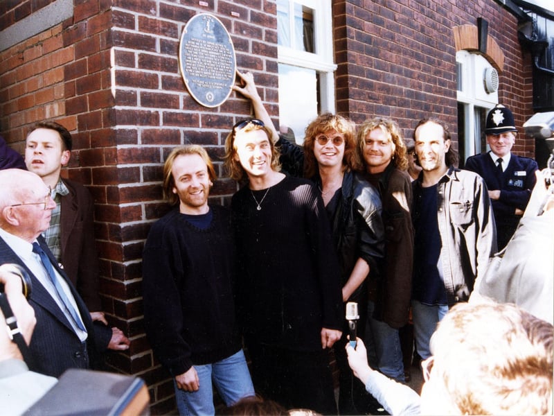 Def Leppard unveiling their commemorative plaque at Crookes Working Men's Club in Mulehouse Road in October 1995.