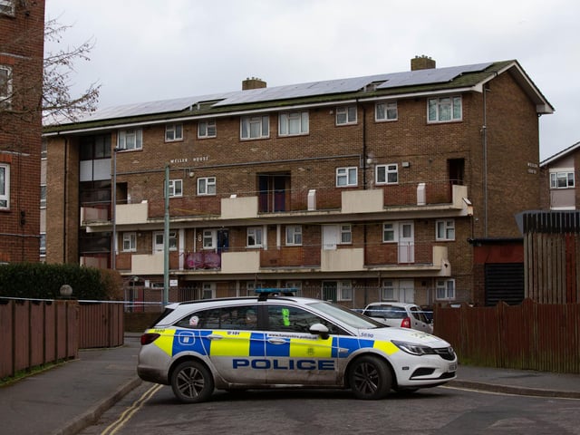 Police presence outside Weller House, Buckland, Portsmouth. Picture: Habibur Rahman