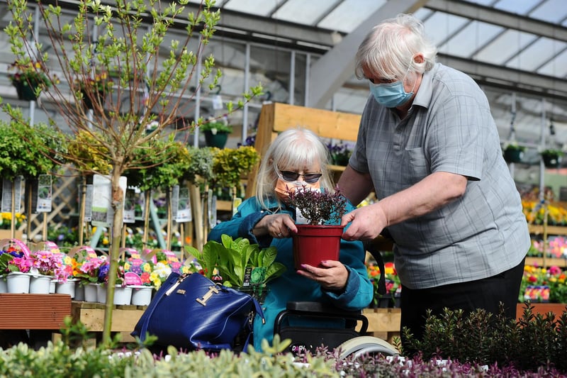 Jim and Doreen Simpson enjoy looking for plants in Torwood Garden Centre now it has reopened its doors to customers again