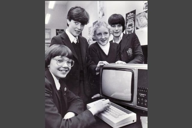 Laptops were the stuff of dreams. These were  the Acorn Electron computers presented to  (l-r) Clare Kelly 13, Sarah Burke 12, Rachel Cook 13, Gillian Smith 13 after winning an Anti Shop Lifting Competition at Notre Dame School organised by Sheffield and District Chamber of Trade in 1983.