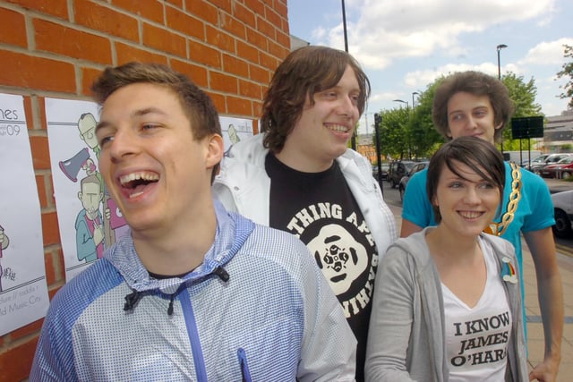 Pictured at the Bowery, Division Street, Sheffield, where the Tramlines music event was launched in 2009. Seen at the launch LtoR are,  Matt Helders of Artic Monkeys, James O'Hara, Sarah Nulty, and Toddla T