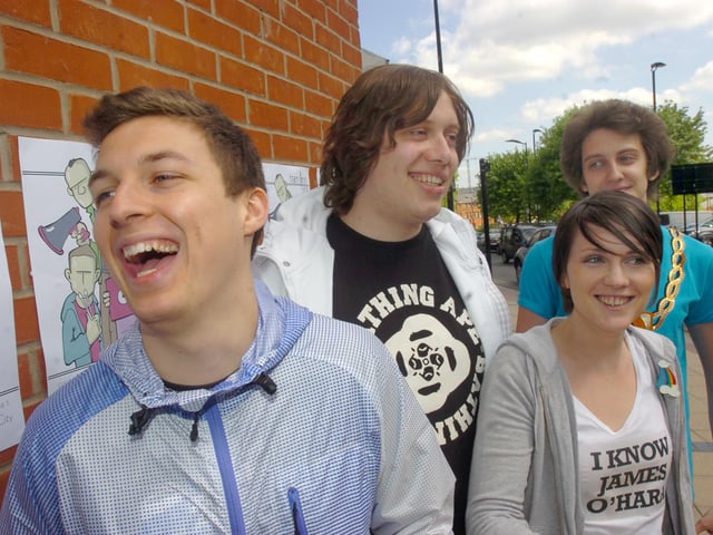 Pictured at the Bowery, Division Street, Sheffield, where the Tramlines music event was launched in 2009. Seen at the launch LtoR are,  Matt Helders of Artic Monkeys, James O'Hara, Sarah Nulty, and Toddla T