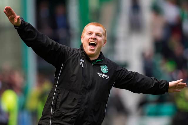 Neil Lennon celebrating after a late equaliser wins Hibs a point in a thrilling 5-5 draw with Rangers. Picture: SNS