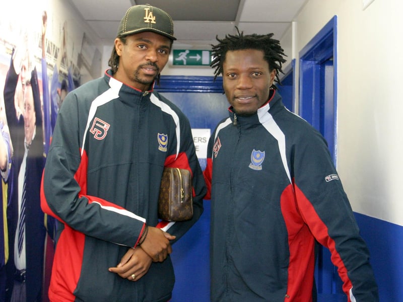 Kanu and Benjani in the corridor beneath Fratton Park's South Stand. Picture: Faz Ahmed