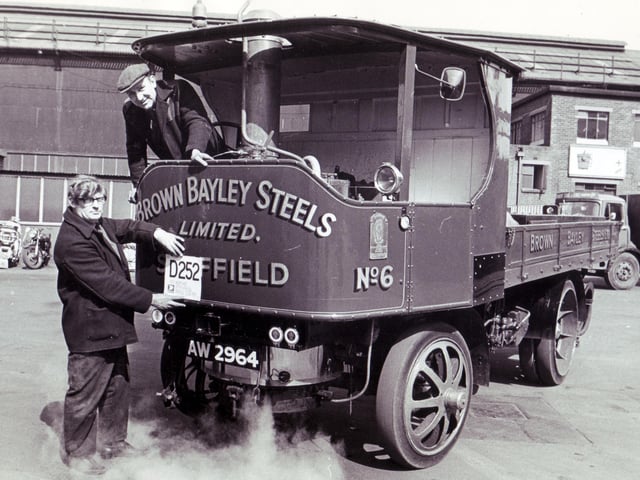A steam wagon at Brown Bayley Steels Limited - pictured is Jack Thistlewaite and Lawrence Hill (in the cab)