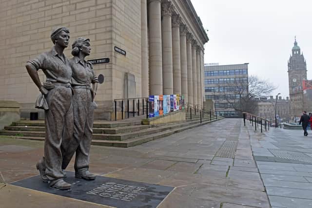 This unique work of art, the Women of Steel statue, was built to commemorate the work of the women who staffed Britain's steelworks during the two world wars. and stands in Barkers Pool near Sheffield's war memorial