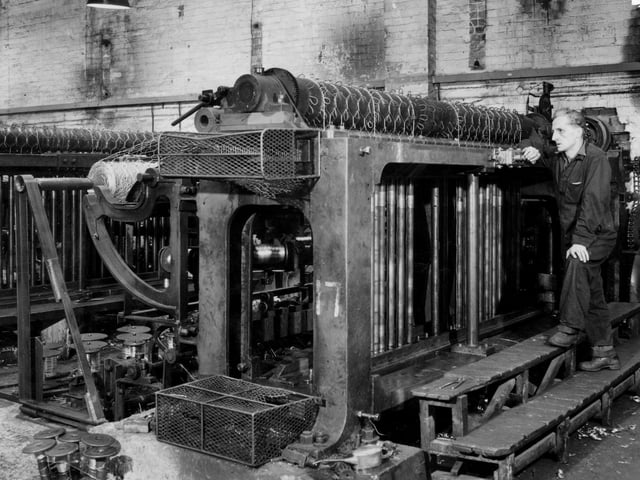 Wire mesh fencing in production at Tinsley Wire Industries circa 1958 - submitted by C Wild