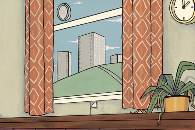 The Absent Drinker depicts an empty pub table, a solitary coaster on its corner and a view out to high rise flats through the window behind.