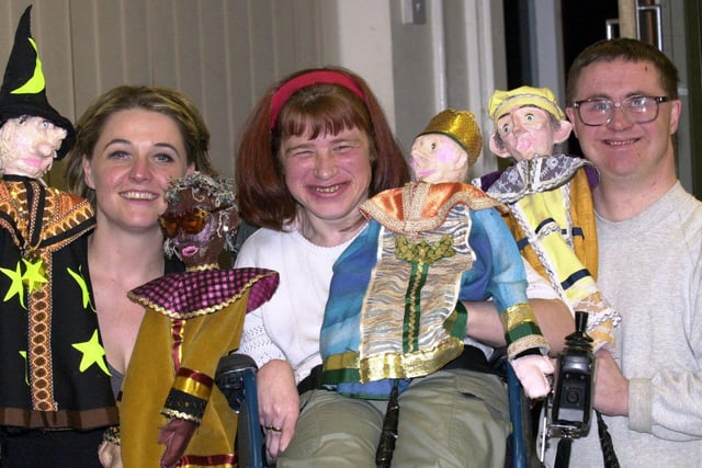 Artist Fiona Mannion with Susan Parkin and Andrew Coles at Mencap in Sheffield. They performed with their puppets at the Crucible Studio as part of their performance art class in 2001