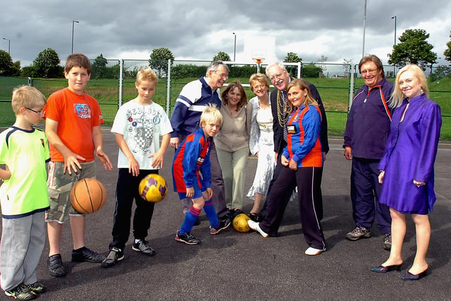 Civic Mayor of Doncaster, Councillor Paul Coddington, officially opened the multi-purpose games area/play park on Bolton Hill fields, on Stoops Lane, Bessacarr, in 2009.
Our picture shows him demonstrating his footballing skills alongside, back row, front, from left, former Councillor for the area, Monty Cuthbert, his partner Pat White and Mayoress Pat Coddington; front, Bessacarr FC footballers, Jacob Wood, aged seven,  Sheldon Brown, aged 11, Joshua Wood, also aged 11, Johan Sutton, aged ten, and Hannelore Southern, aged 11, Bessacarr FC committee member Mike Southern and Heather Coulthard, DMBC Neighbourhood manager for Bessacarr and Cantley.