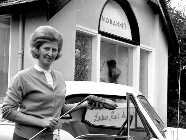 East Lothian golfer Marjory Fowler outside her North Berwick beauty salon, Noranne's, in June 1966