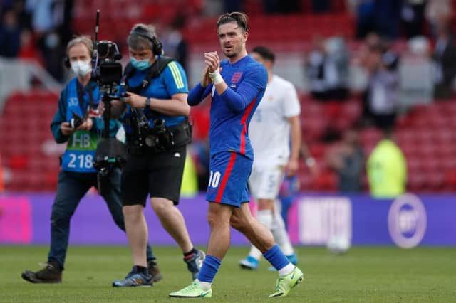 Jack Grealish of England applauds the fans following the international friendly match between England and Romania at Riverside Stadium.