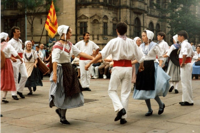 Lei Courcoussoun Dance Group from France performing in Fargate during the Cultural Festival in July 1992.