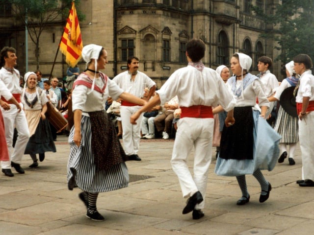 Lei Courcoussoun Dance Group from France performing in Fargate during the Cultural Festival in July 1992.