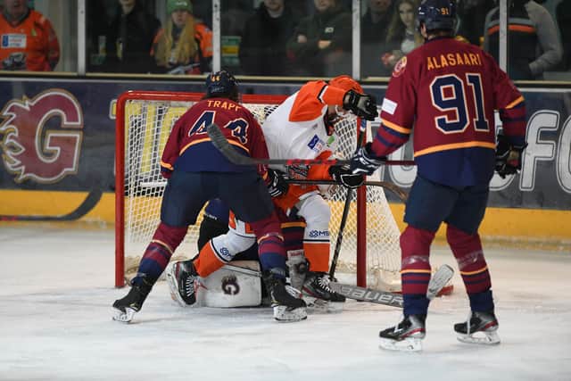 Goalmouth action at Guildford Flames v Sheffield Steelers
