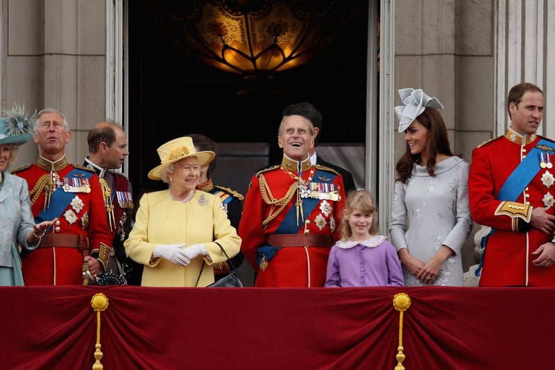 (L-R) Prince Charles, Prince of Wales, Prince Edward, Earl of Wessex, Queen Elizabeth II, Princess Anne, Princess Royal, Prince Philip, Duke of Edinburgh, Lady Louise Windsor, Catherine, Duchess of Cambridge and Prince William, Duke of Cambridge arrive on the balcony of Buckingham Palace after the Trooping the Colour ceremony and the Horse Guards Parade on June 16, 2012 in London, England.