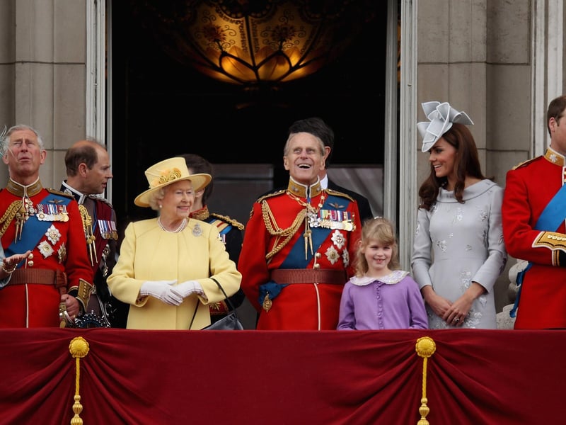 (L-R) Prince Charles, Prince of Wales, Prince Edward, Earl of Wessex, Queen Elizabeth II, Princess Anne, Princess Royal, Prince Philip, Duke of Edinburgh, Lady Louise Windsor, Catherine, Duchess of Cambridge and Prince William, Duke of Cambridge arrive on the balcony of Buckingham Palace after the Trooping the Colour ceremony and the Horse Guards Parade on June 16, 2012 in London, England.