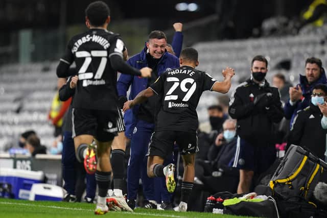 Sheffield United's Iliman Ndiaye celebrates scoring their side's first goal of the game during the Sky Bet Championship match at Craven Cottage, London. Picture date: Monday December 20, 2021. PA Photo. See PA story SOCCER Fulham. Photo credit should read: Adam Davy/PA Wire.