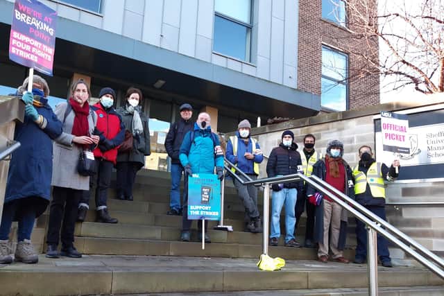 Striking UCU members in December outside the Sheffield University management School. The union has announced moe strike days for February and March