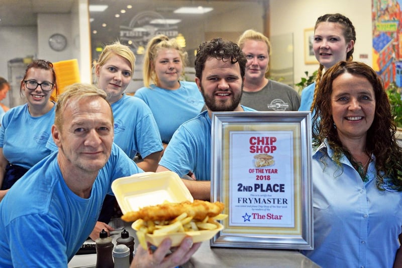 Frymaster Fish and Chips on 635 Attercliffe Road, Attercliffe is top of our list. The popular chippie has previously come second in The Star's Chip Shop of the Year awards.  
Owners Richard and Nicola Pearce, pictured with their son Tom and staff members at Frymaster Fish and Chip Restaurant in 2018. Picture: Marie Caley