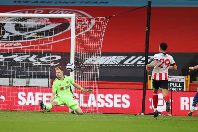Aaron Ramsdale of Sheffield United saves from Che Adams of Southampton during the Premier League match at Bramall Lane, Sheffield: Simon Bellis/Sportimage