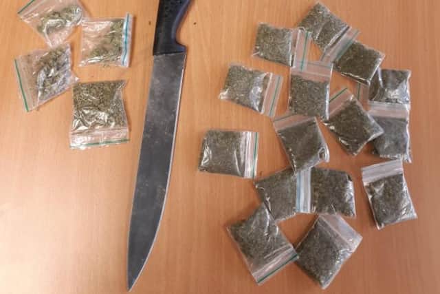 This kitchen knife and these bags of spice were found hidden in shrubbery at Ellesmere Green in Burngreave, Sheffield