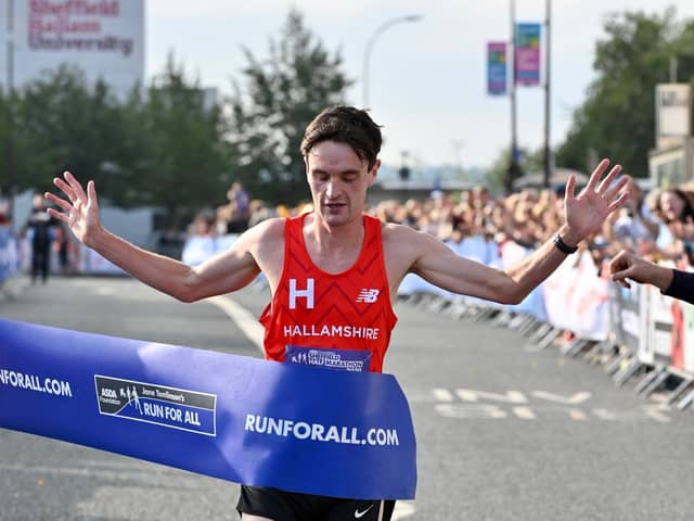 Andrew Heyes crosses the line in the 2021 Sheffield Half Marathon.