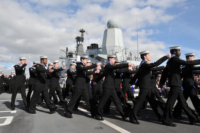 Sailors marching onboard HMS Ark Royal 11th March 2011. Picture: Steve Reid.