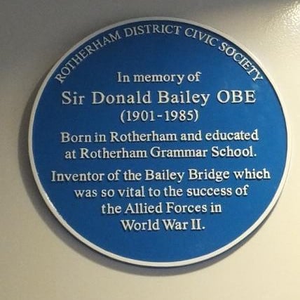 The blue plaque in Rotherham in honour of Sir Donald Coleman Bailey, inventor of the Bailey Bridge