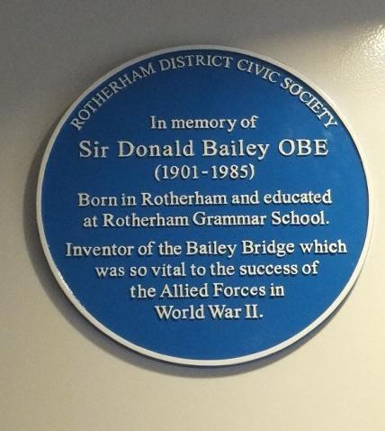 The blue plaque in Rotherham in honour of Sir Donald Coleman Bailey, inventor of the Bailey Bridge