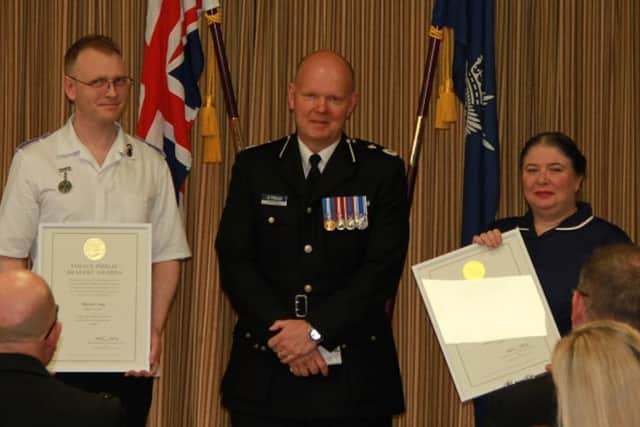Martin Craig and Phoebe Pallotti were nominated at last year's prestigious National Police Public Bravery Awards, which is organised by the National Police Chiefs’ Council and hosted by South Yorkshire Police, and have now just been awarded their certificates. They stepped in to help a man who had been stabbed and could have died of his wound.